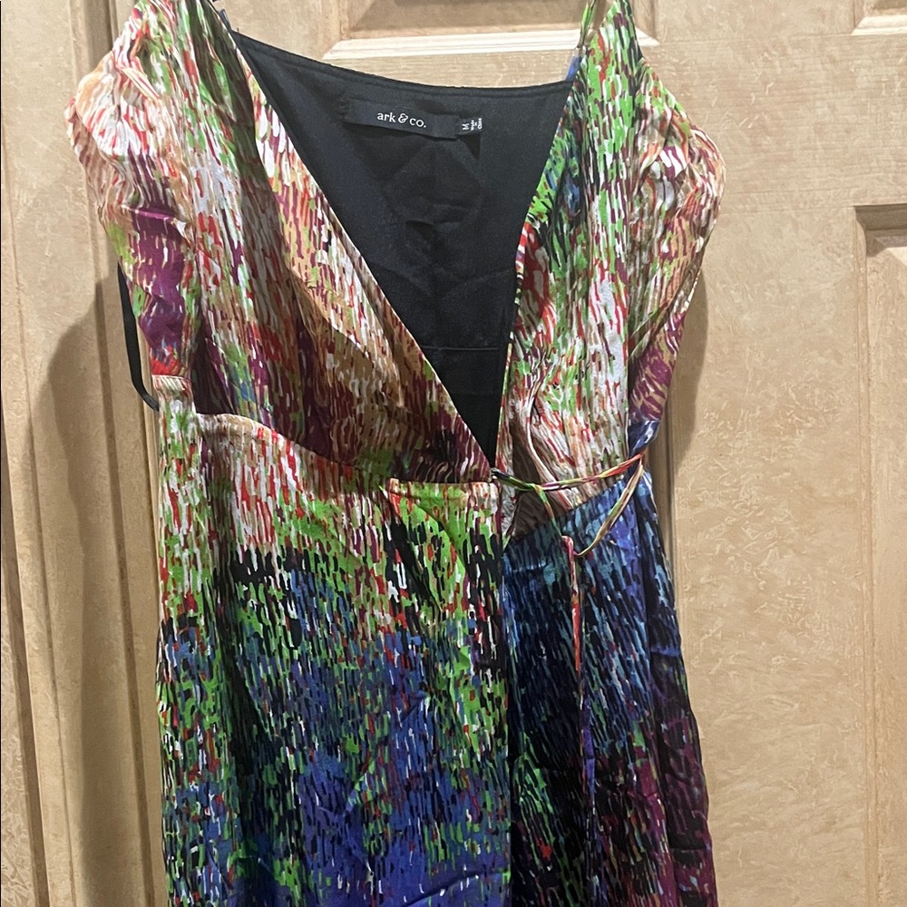 Ark & Co ModCloth Silk Wrap Dress Vibrant Rainbow Impressionist Painting Print - Picture 2 of 5